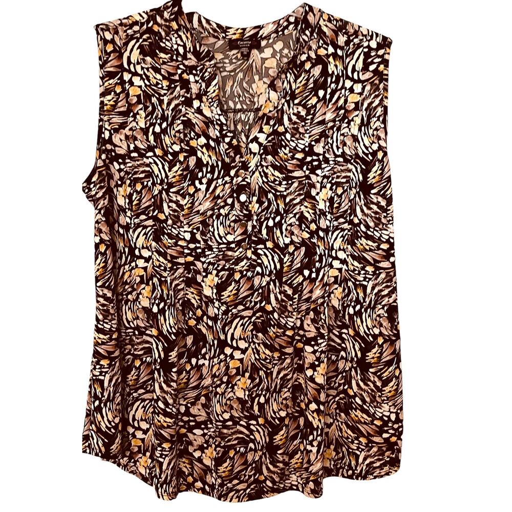 COCOMO WOMAN  SLEEVELESS V-NECK PULL-OVER TUNIC TOP, WOMAN, 2X-BROWN YELLOW LEAF